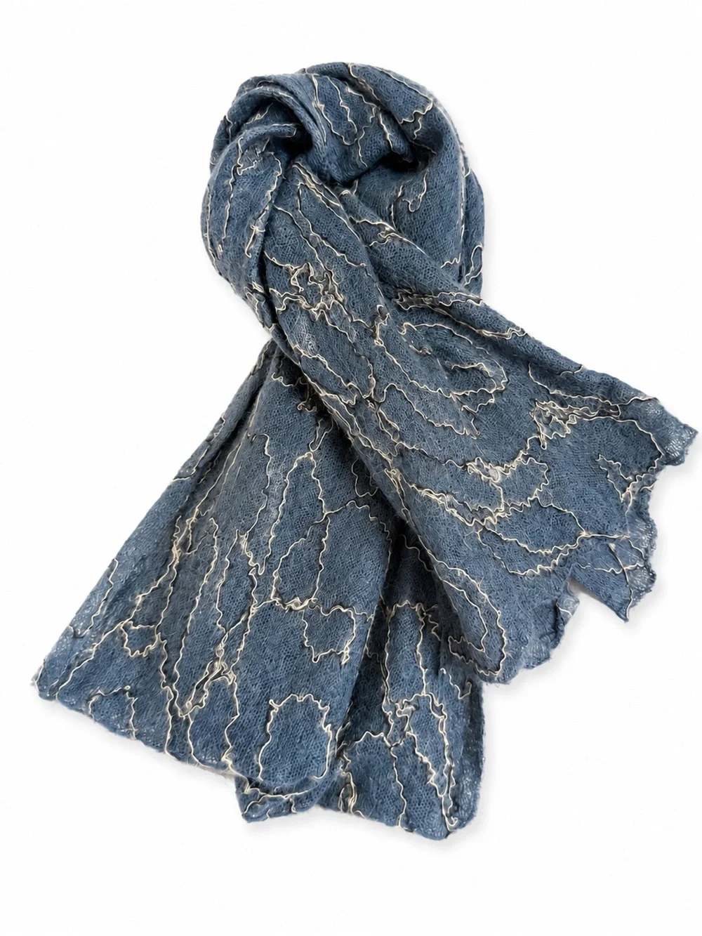 Blue Mohair-Like Open Knit Abstract Textured Scarf Wrap 72” x 14”